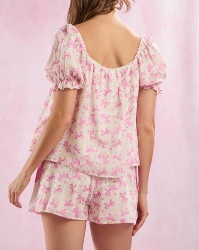Image of ROAONOCOMO Women Floral Pajama Set Ruffle Puff Sleeve Peplum Shirt Coquette Pj Set Bow Babydoll 2 Piece Shorts Outfit