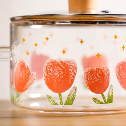 Image of Nestasia Borosilicate Glass Cooking Pot on Gas Stove (1800 ml) - Tulip Printed Casserole with Air Vent Glass Lid | Microwave & Dishwasher Safe Durable Vessel for Kitchen