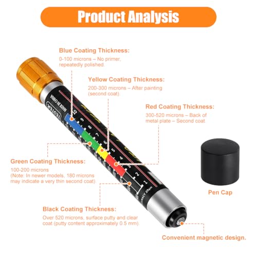 VSSHE Magnetisches Lackdickenmessgerät, Lackdickenmessgerät für Kraftfahrzeuge, mit einem Profiltiefenmesser, Wasserdicht und Tragbar, Karosserieschadendetektor, mit Magnetischer Sondenskala.