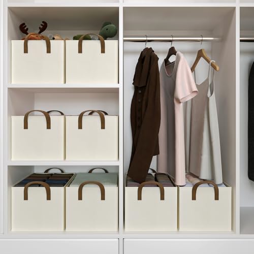 Closet Storage Bins, Fabric Closet Organizers and Storage Basket for Shelves, Collapsible Shelf Baskets for Organizing Shelves, Bedroom Clothes Basket, Beige, 3 Pack - Image 6