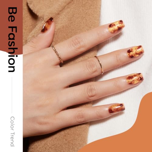 Image of modelones Fall Gel Nail Polish Set, Amber French Tip Leopard-Print Theme | 6 Colors Blooming Brown Jelly Nude Maroon Black Gold Glitter Cat Eye Gel Polish, with Magnet & Liner Pen & French Stickers