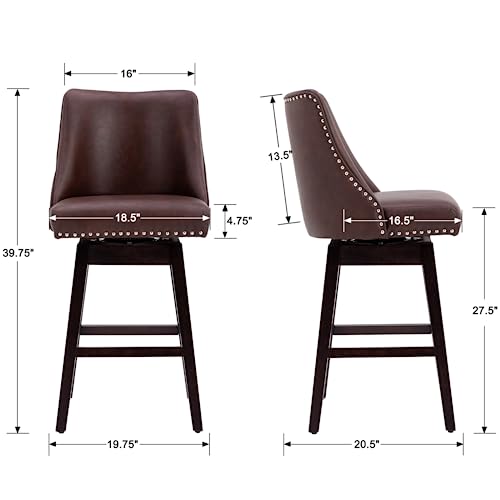 Butacos Altura Barra Set de 2, Butacos Giratorios Modernos de Media Centuria con Espalda y Patas de Madera, Tapizados en Poliuretano para Bar en Casa/Comedor/Restaurante, Color Chocolate miniatura 2