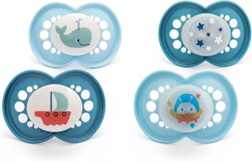 MAM - MAM Original - Lot de 4 tétines de jour et de nuit - 18-36 mois - Comprend 2 tétines phosphorescentes - Design orthodontique - Accessoires pour bébé - Bleu (designs variés)