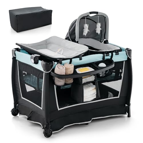 DREAMADE 6 en 1 Lit Parapluie Bébé 105x72x74CM avec Matelas Lit de Voyage Tout-Petites 0-3 Ans avec Porte-Couche&Table à Langer&Roue Verrouillable&Boîte à...