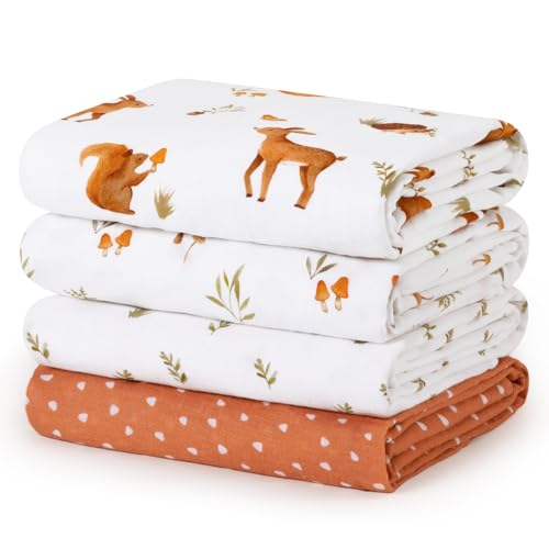 Image of david's kids 4 Pack Baby Muslin Swaddle Blankets, 100% Cotton and Ultra Soft Breathable Receiving Blanket Wrap for Boys Girls, New Born Essentials, Large 47 x 47 inches, Forest Animals