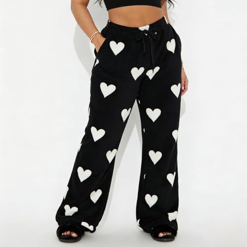 Image of Valentine's Day Flannel Pants Women's Romantic Heart Print Elastic Drawstring Waistband Wide Leg Loose Fit Trousers