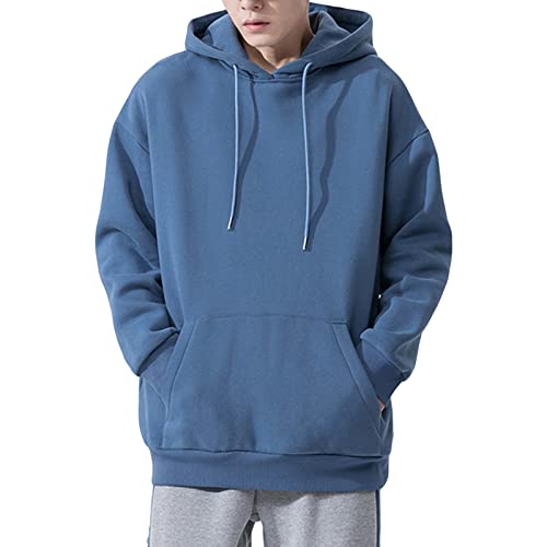 Maiyifu-GJ Men's Solid Loose Fit Pullover Hoodies Casual Athletic Hooded Sweatshirts Long Sleeve Hoodie with Kanga Pocket (Blue 2,Medium)
