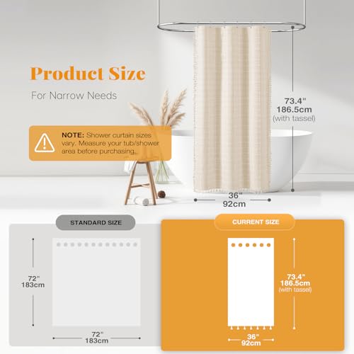 Image of BTTN 3 in 1 Shower Curtain with PEVA Liner, Stall Boho Linen Fabric Shower Curtain Set with 6 Plastic Hook, Farmhouse Bohemian Cute Waterproof Cloth Shower Curtain for Bathroom, Beige /Cream, 36x72