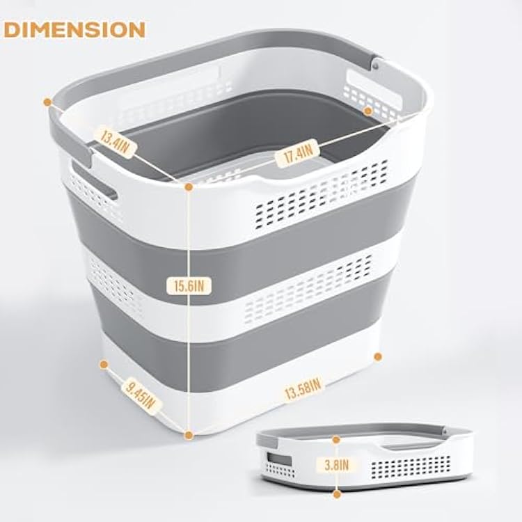 OOAMBB 43L(11.5Gallon) Collapsible Laundry Basket with Handles, Foldable Laundry Basket Plastc,Pop Up Tall Storage Container/Organizer/Clothes Hamper for Laundry (Grey,1 Pack)