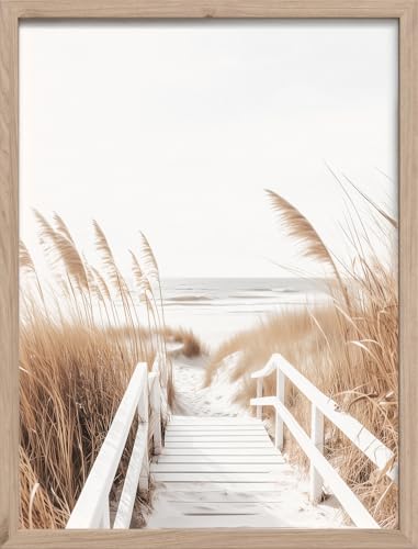 STYLER Tableau encadré Serenity 30 x 40 cm – Décoration murale plage avec ponton et herbe des dunes – Affiche mer sous cadre bois premium bord de mer...