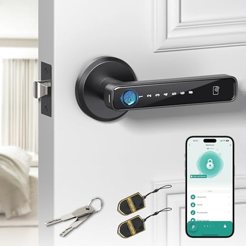 Amerdeco Smart Fingerprint Door Lock Biometric Keyless Entry Door Lock with APP - Cards - Backup Key - Fingerprints - Codes for Bedroom Hotel Office Apartment and More(Black)