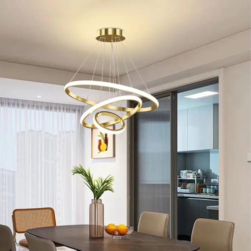 Luminária Pendente de 3 Anéis LED Moderna Regulável Com Controle Remoto - Lustre de Altura Ajustável 69 W para Sala de Estar e Quarto
