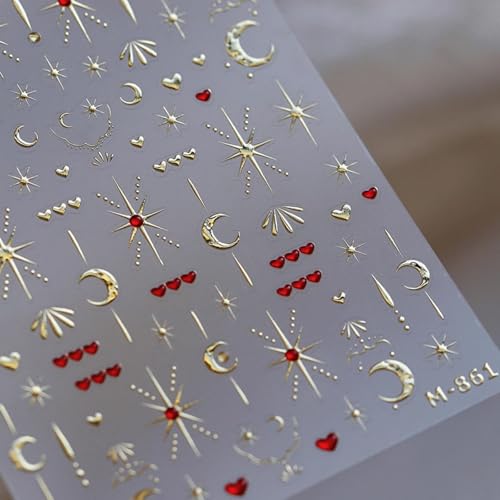 Image of Gold Nail Stickers Star Moon Nail Decals with Red Rhinestone Design Figure Nail Art Stickers 5D Embossed Self Adhesive Heart Nails Decals Charms Supply for Women Girls Manicure DIY Decoration