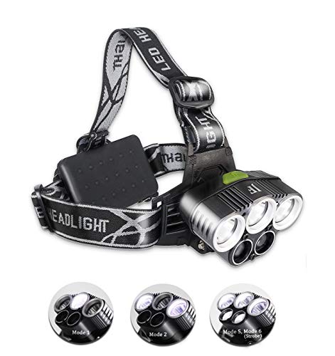 JUMPFISCH USB Lampe Frontale hydrofuge à 5 LEDs et 6 Modes-15000 LUMEN- Portée 200-500m- pour Camping Jogging Équitation Pêche Randonnée Maintenance Urgence(2 Batteries rechargeables contient)