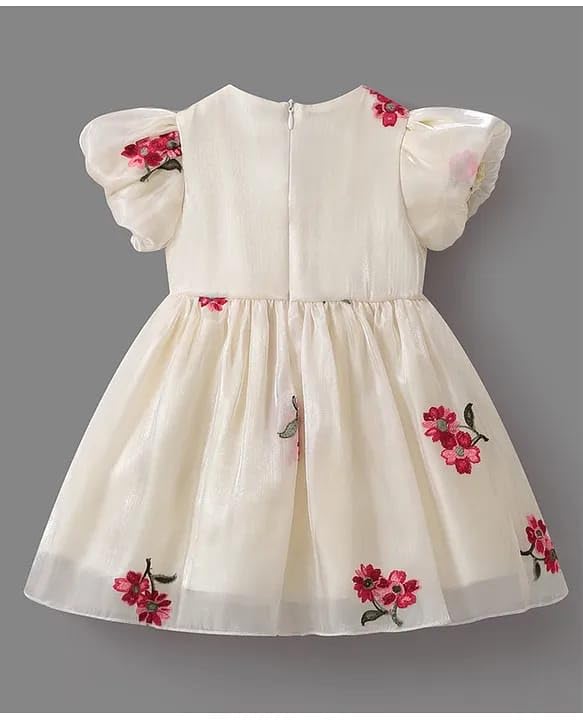 Image of Buy & Try Girls Silk Frock, Short Sleeve Knee-Length Floral Dress for Birthday & Festive Events with Comfortable Zipper Closure