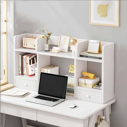2 Tier Desktop Bookcase for Computer Desk, Wood Desktop Shelf Organizer Multipurpose Desktop Storage Bookshelf with Drawers Desktop Shelves Rack Storage for (Size:80x16x52cm(31x6x20inch),Color:White)