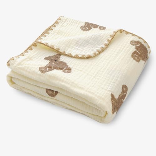 Image of Gunnaicat Double Layered 100% Cotton Muslin Baby Blanket Ultra-Soft 40x40 Inch Swaddling Nursery Crib Blanket(Brown Bear)