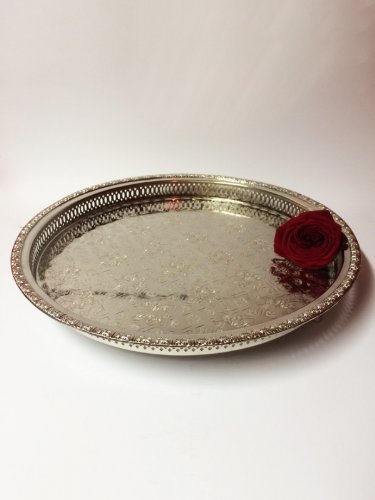 Plateau Oriental Rond Avec Poignées Et Gravures En Métal - Plateau à Thé Marocain 42 Cm - Décoration Orientale Sur La Table De Service Argenté Moyen