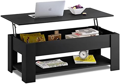 Blisswood Coffee Table With Storage, Lift Up Coffee Tables for Living Room, Wooden Coffee Table With 1 Shelf Large Hidden Storage Modern Rectangular Sofa End Lift-Top Tea Table Furniture (Black)