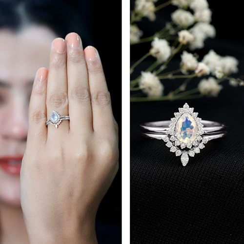 Real Opal Diamond Wedding Ring Set, Aaa Quality, Certified Rainbow Opal 5X7 mm Pear Engagement Ring with Enhancer2