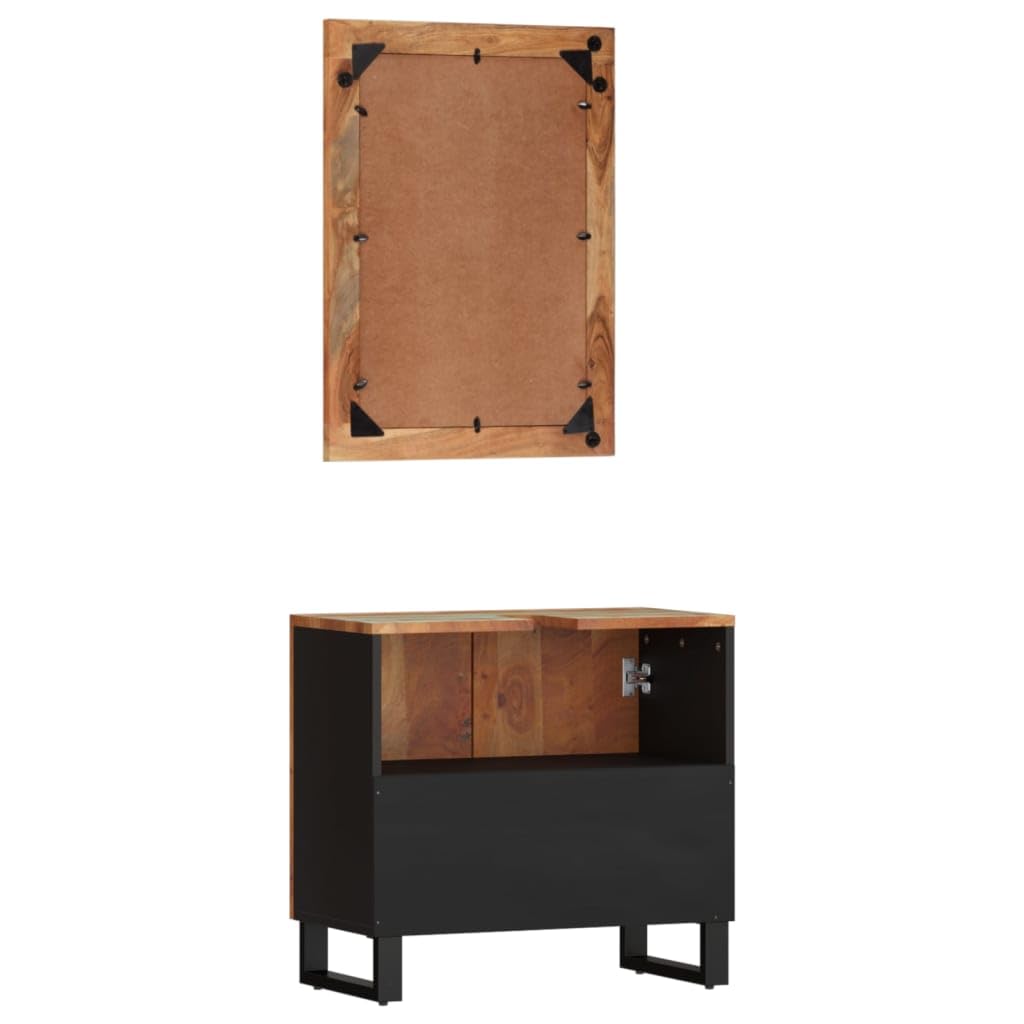 Lot de 2 meubles de salle de bain en bois massif vieilli avec pieds en fer et miroir, armoire de salle de bain rustique, 62 x 33 x 58 cm