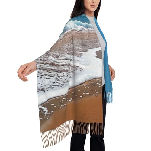 Écharpe chaude imprimée Ocean Beach 71x190 cm grand châle noir doux à pompons pour homme et femme