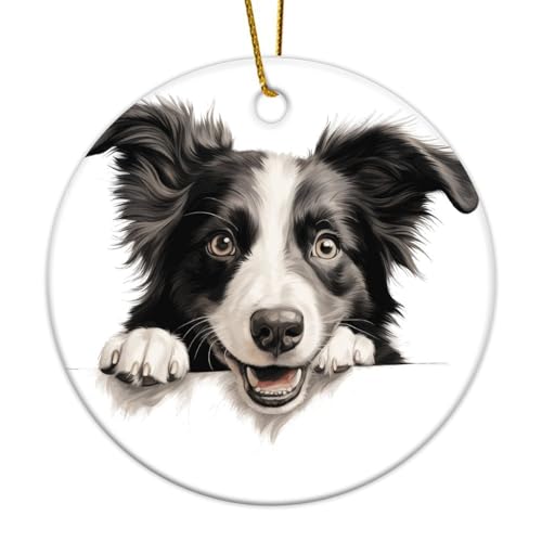 Peeking Border Collie Weihnachtsbaumschmuck Hund und Katze Liebhaber Tier Rund Porzellan Anhänger Keramik Porzellan Hängende Weihnachtskugel Geschenk für Urlaub Weihnachtsbaum Party Dekorationen