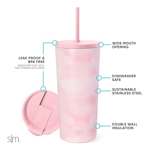 Image of Simple Modern Insulated Tumbler with Lid and Straw | Iced Coffee Cup Reusable Stainless Steel Water Bottle Travel Mug | Gifts for Women Men Her Him | Classic Collection | 20oz | Blush Tie Dye