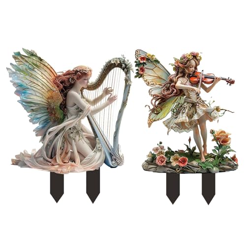 Fairy Garden Decor, Bohemian Style Elf Fairy, Fairy Garden Music Show, Acrylic 2D Fairy Stake, Pot Plants Garden Yard Lawn Outdoor Garden Fairy Statue Ornaments, Fairy Garden Accessories (A & B)