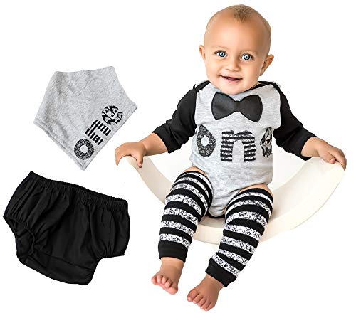 First Birthday Outfit Boy 1st Onesie B-Day  Bow Tie Word One Leg Warmers Bib Baby Cake Smash Set 5 Piece Set Raglan Tee 12-18 Months