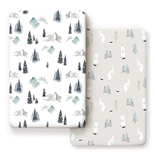 Image of Stretch Ultra Soft Jersey Knit Fitted Pack and Play Sheets Set 2 Pack, Fit Portable/Mini Cribs Sheets, Playpen Mattress Pads Safe and Snug, Cute Stylish Playard Sheets Wild Forest Print for Baby