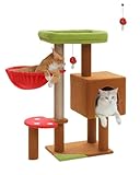MUTTROS Mushroom Cat Tree with Sisal Scratching Posts, 35.4" Cute Cat Tower Cat Condo w/Large Green Top Perch, Soft Red Hammock, and Mushroom Dangling Ball, for Small-Medium Cats, Brown