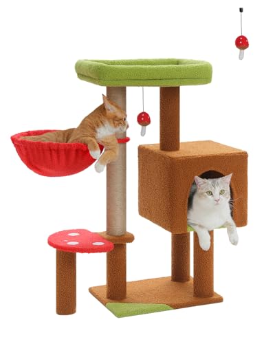 MUTTROS Mushroom Cat Tree with Sisal Scratching Posts, 35.4" Cute Cat Tower Cat Condo w/Large Green Top Perch, Soft Red Hammock, and Mushroom Dangling Ball, for Small-Medium Cats, Brown