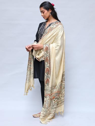 Women's Khadi Cotton Shawl with Madhubani Art Print | Beautiful Design Soft Weave Stole, Scarf for Girl4