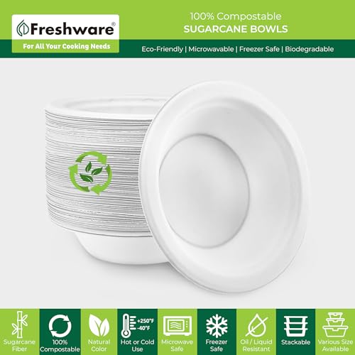 Image of Freshware Paper Bowls - Disposable 12 oz. Soup Bowl, 1000-Pack Biodegradable Sugarcane Fiber Serving Bowls - Heavy Duty Bagasse for Hot Food Plates - Microwave & Freezer Safe, Stackable Dinnerware