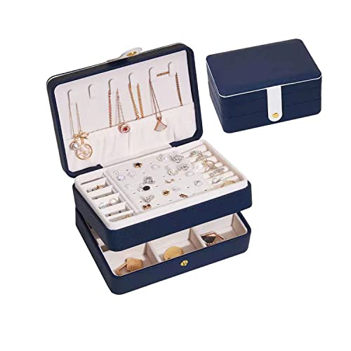 Cajas Joyero para mujer, niña, joyero de viaje, organizador de joyas, para niñas, para anillos, pendientes, collares, pulseras, 3 capas (azul oscuro) Cover