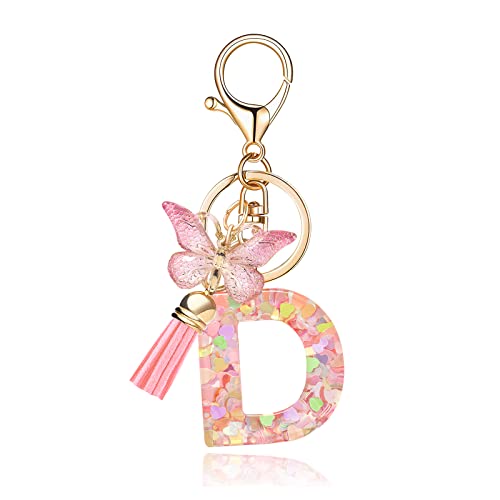 OKAICEN Fashion Alphabet Initial Letter Keychain Tassel Butterfly Pendant Key Ring for Purse Handbags Women Girl ('D')