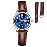 OLEVS 腕時計 レディース アナログクオーツ 防水ビジネスうで時計人気 オシャレブルー文字盤茶色革ベルトシンプル夜光 蓄光 日付軽量 見やすい おしゃれ 女性用腕時 計小さめ レトロ Women Watch