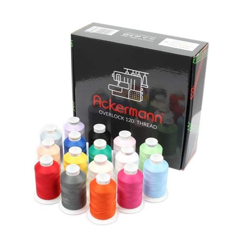Ackermann Overlock Bauschgarn Nähgarn 16x 1.000m Box, Stärke 120, 100% Polyester