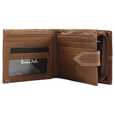 RFID Blocking Mens Designer BUONO PELLE Genuine Real Leather Wallet with Large Zip Coin Pocket/Pouch Gift Boxed (Tan) Cover