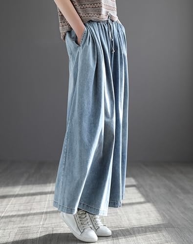 Womens Elastic Waist Cropped Denim Pants Loose Wide Leg Jeans4