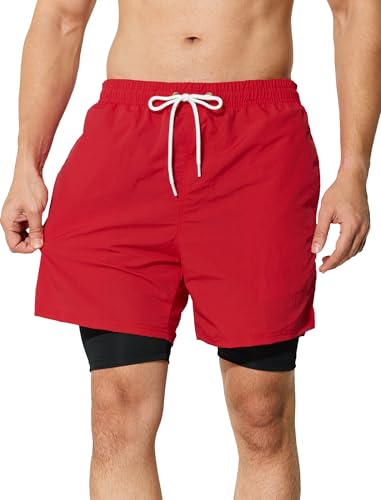Mens Swim Trunks with Compression Liner 5 inch Inseam Quick Dry Bathing Suit 2 in 1 Board Shorts2