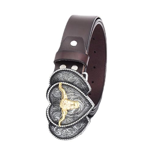 Men's Ratchet Click Belt - 1 3/8'' Wide Multicolour Leather With Engraved Hollow Horse Head Golden Buckle Trim To Fit