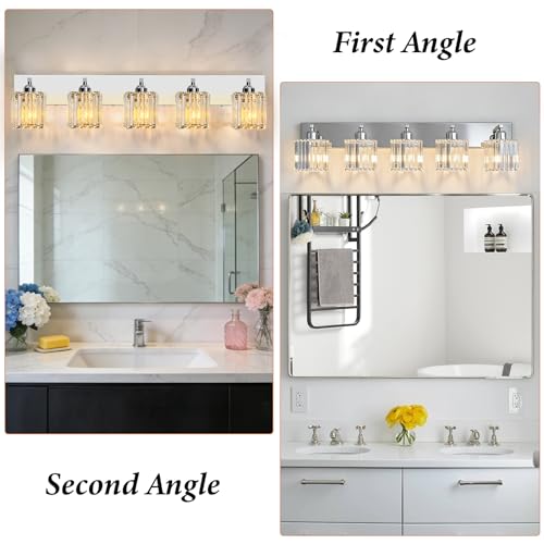 Image of Brushed Chrome Crystal Bathroom Vanity Light, 5-Light Modern Bathroom Lighting Fixtures Over Mirror,Chrome Wall Sconce Light Fixtures with Square Shade