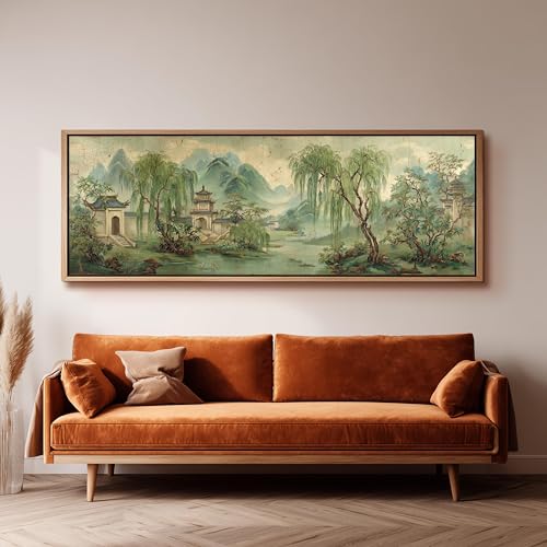 Tableau mural horizontal grand format paysage vintage decoration Japandi 35x105cm sans cadre