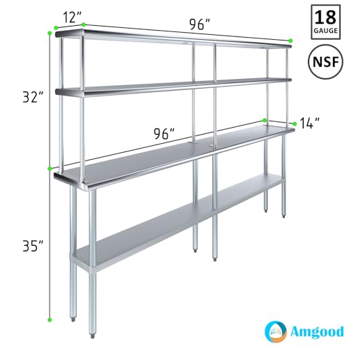 Image of AmGood Stainless Steel Work Table with 12 inch Wide Double Tier Overshelf | Metal Kitchen Prep Table & Shelving Combo | NSF (Stainless Steel Table with Double Overshelves, 96 inch Long x 14 inch Deep)
