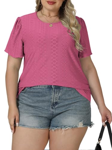 ROSRISS Plus-Size Tops for Women Summer Trendy Eyelet Puff Short Sleeve T Shirts Casual Crewneck Solid Color Tunics XL-5XL2