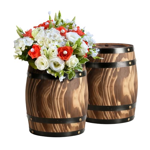 2Pcs Ippoulas Wooden Wine Barrel Planters 8 x 6.5 - Set of Rustic Wood Vases for Flowers Centerpieces Decor | Wine Barrel Wedding Party Home Decoration
