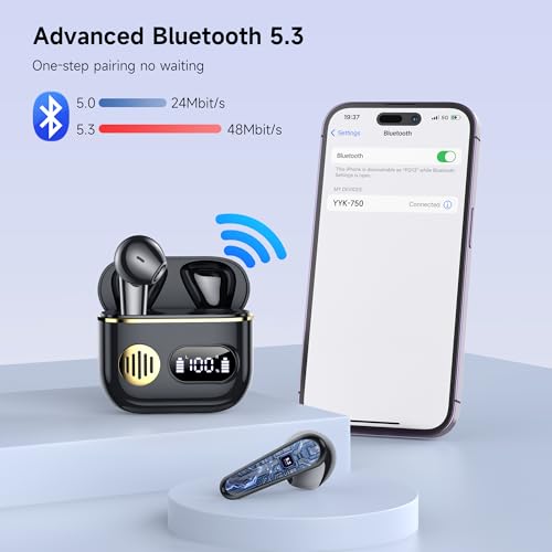 Image of CoolJumper Wireless Earbuds, 48 Playtime Headphones with Micphone, LED Display in Ear Earphones Clear Calls IPX7 Waterproof Running Earpiece Midnight Black