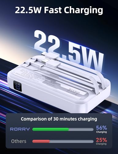 Image of RORRY Portable Charger w /Wall Plug 10000mAh Power Bank 22.5W Battery Pack | Built in Cables, Fast Charging, for iPhone, iPad, Samsung Galaxy, Pixel, LG, Travel Essential, Digital Display, Pocket Size